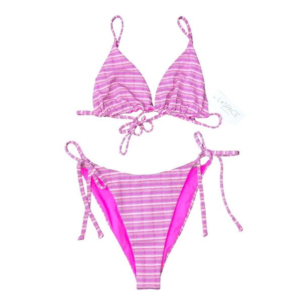 L*Space Bikini Swimsuit Brittany Top Lennox Bottom Electric Pink Stripe XL NWT - Picture 3 of 12